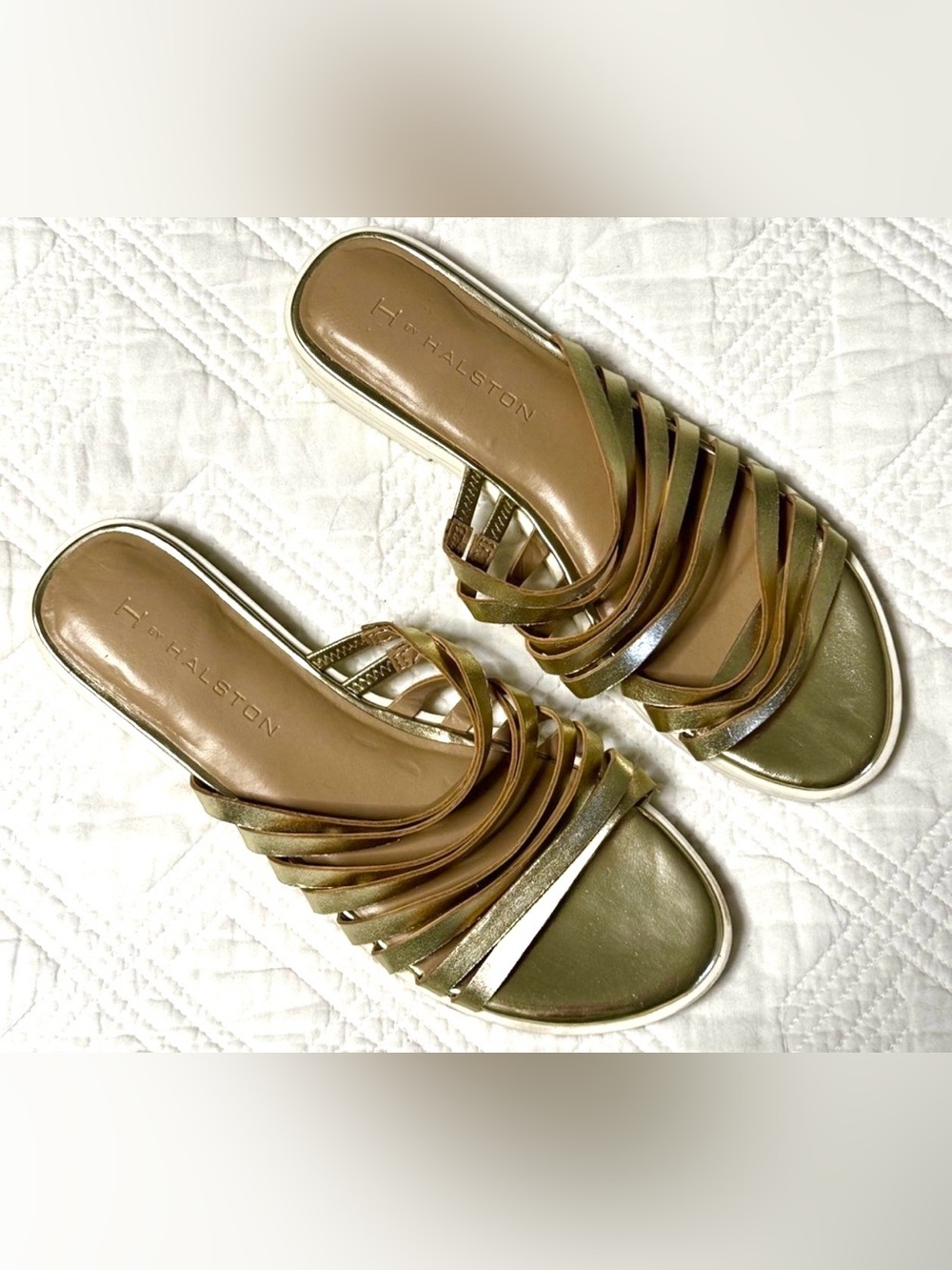 Halston Heritage Cora Gold Sandals Size 6.5 Metallic Strappy Glam